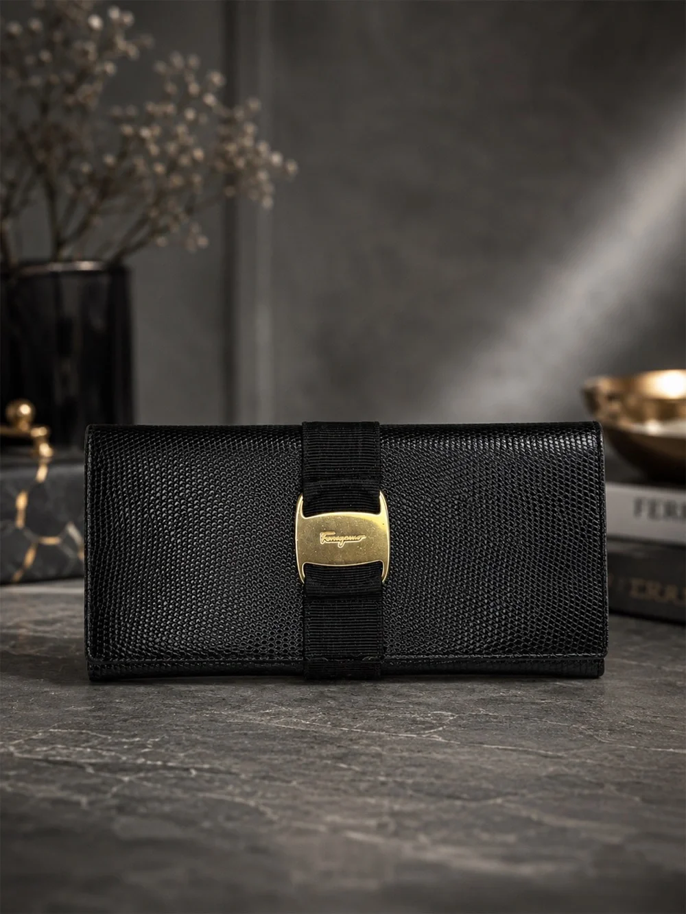 Salvatore Ferragamo Black Embossed Leather Long Wallet Gancini Gold Hardware
